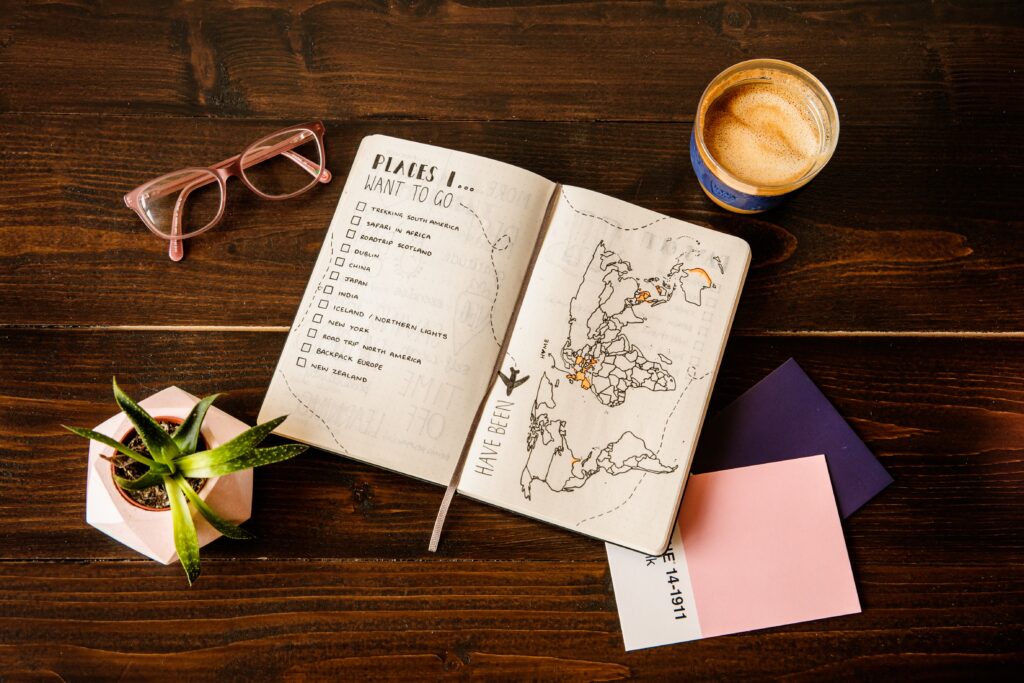 A hardwood table has a number of items:

An open journal with Places I want to go, a list of places with checkboxes, and a map of the world next to the words “have been” written in it. 

A small houseplant, glasses, a coffee cup, and a few other assorted colored sheets of paper.